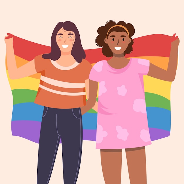 Free vector beautiful lesbian couple with lgbt flag illustrated