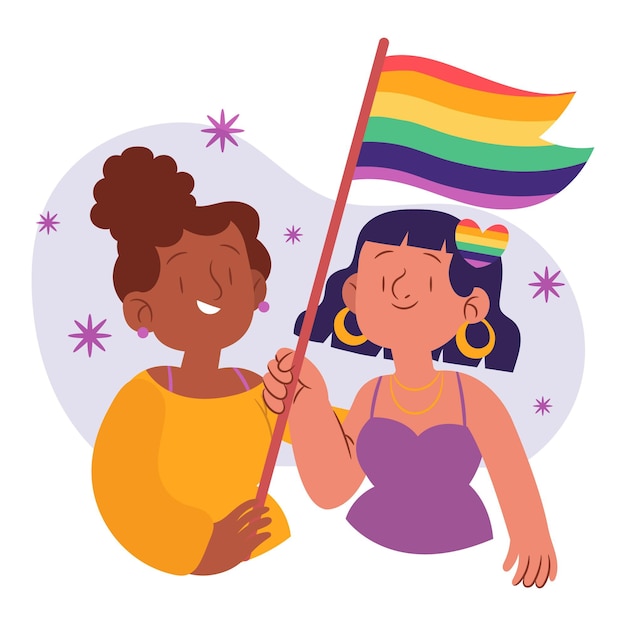 Free vector beautiful lesbian couple with lgbt flag illustrated