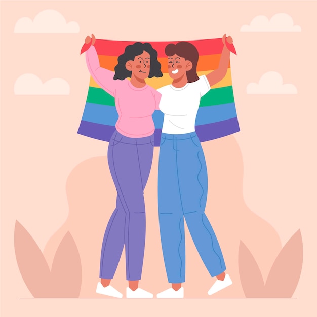 Free vector beautiful lesbian couple with lgbt flag