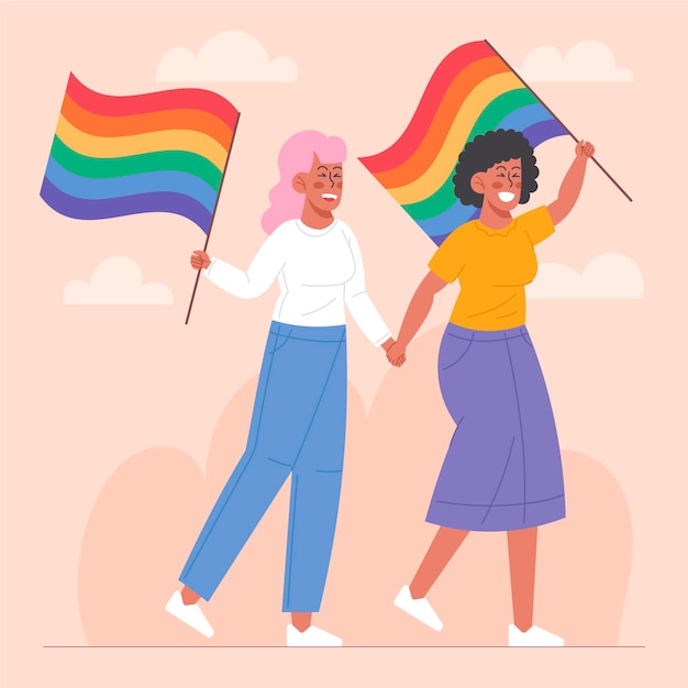 Красивая лесбийская пара с флагом лгбт