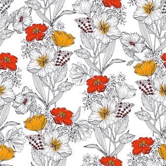 Beautiful line sketch of blooming floral botanical plant flower background seamless pattern eps10