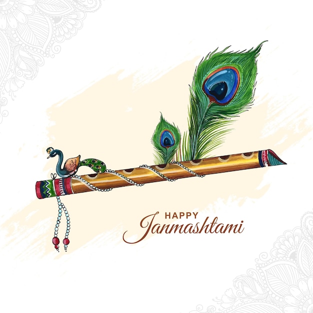 Free vector beautiful lord krishna flute and peacock feather for janmashtami festival card background