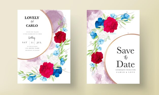 красивая темно-бордовая и темно-синяя цветочная свадебная пригласительная открытка
