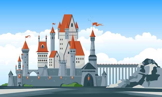 Beautiful medieval castle with arched windows towers illustration
