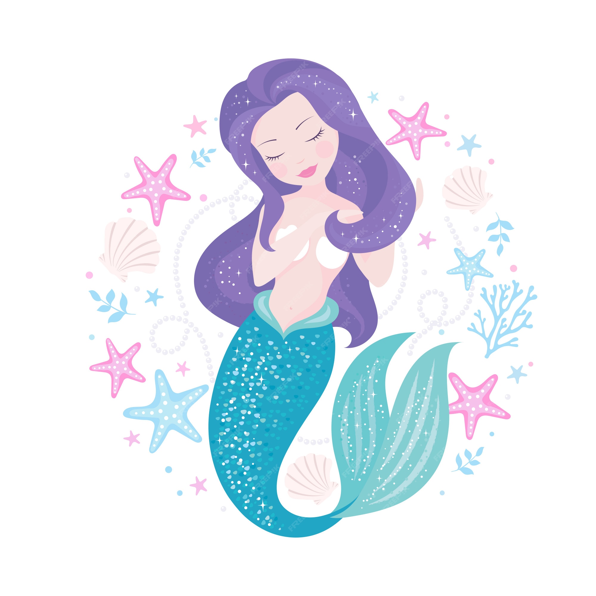 花と貝殻を持つ美しい人魚 プレミアムベクター 花と貝殻を持つ美しい人魚 プレミアムベクター