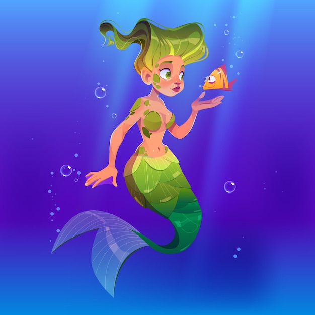Красивая русалка с маленькой рыбкой под водой в море. Векторная карикатура на симпатичную девушку-рыбу с зелеными волосами и хвостом с чешуей в океанской воде с пузырьками