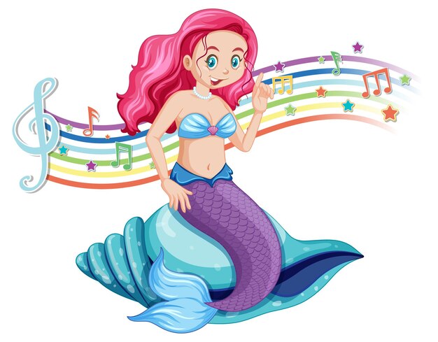 beautiful mermaid with melody symbols on rainbow