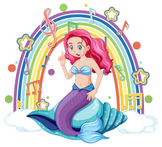 Beautiful mermaid with melody symbols on rainbow