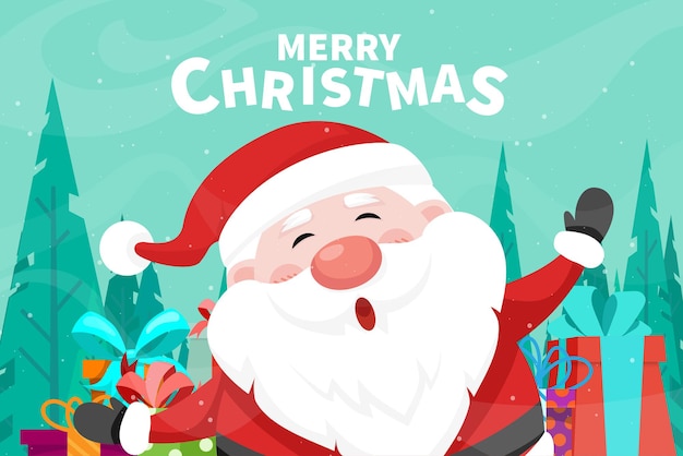 Free vector beautiful merry christmas card with happily santa claus with preset box with pine tree