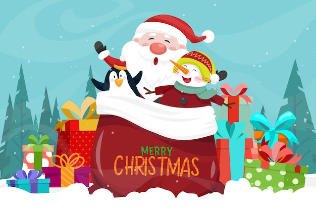 Free vector beautiful merry christmas card with happily santa claus with preset box with pine tree