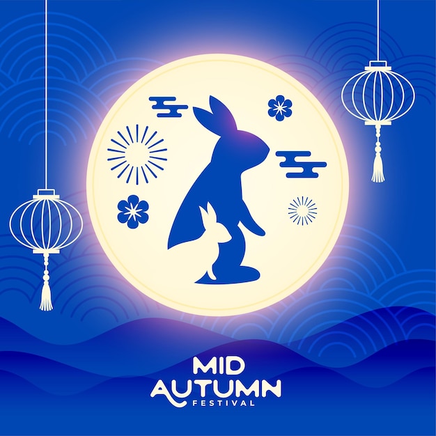 Free vector beautiful moon mid autumn festival blue scene background