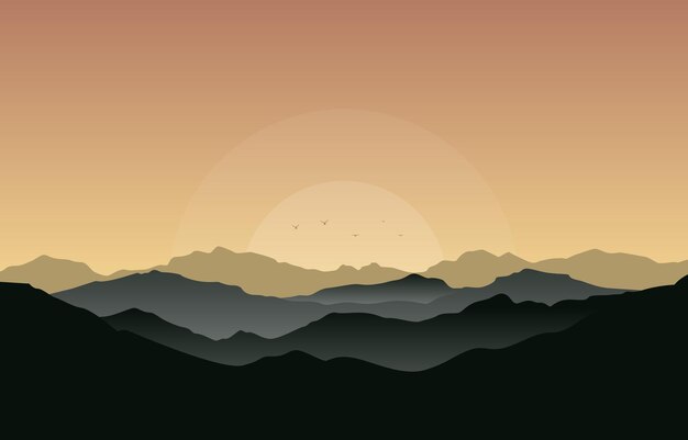赤いモノクロフラットイラストの美しい山のパノラマ風景 プレミアムベクター