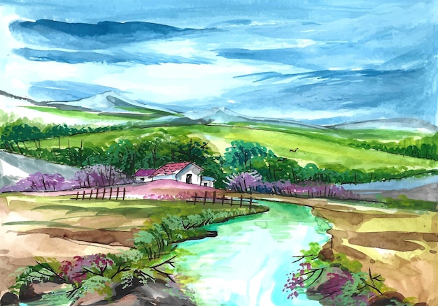 美しい自然の風景の手描きの水彩画の背景