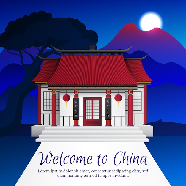 Free vector beautiful night china landscape with mountains moon and house in traditional style flat vector illus