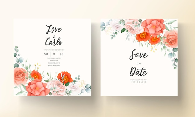 Beautiful orange flower wedding invitation card template