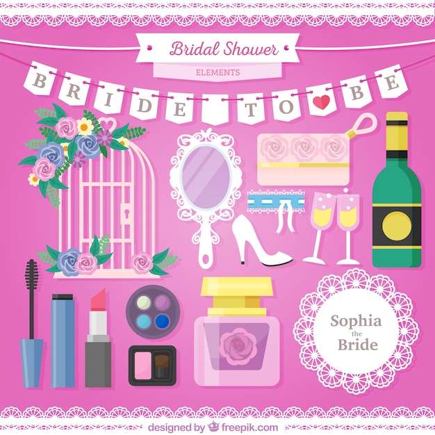 Beautiful pack of bridal shower elements in flat design