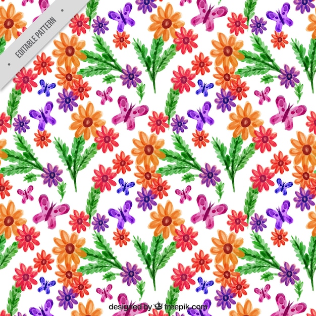 Free vector beautiful pattern with flowers and butterflies in watercolor style