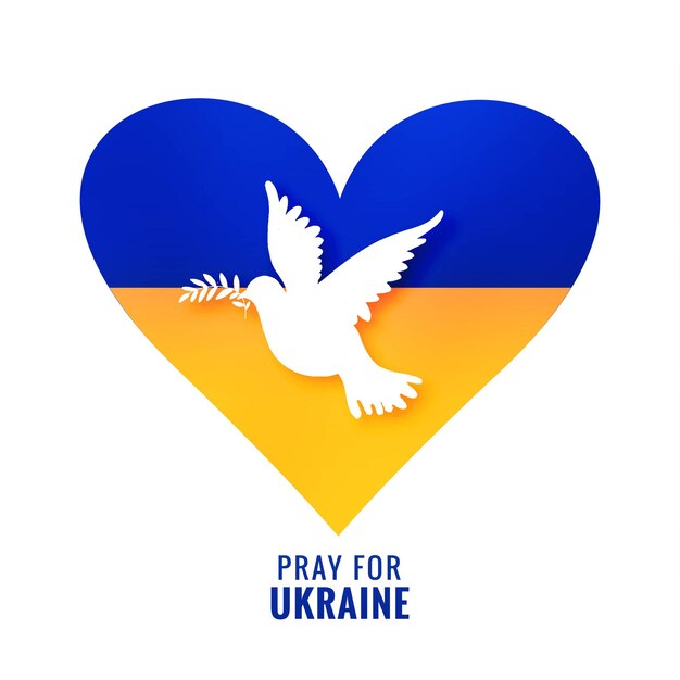 Free vector beautiful peace heart and dove bird with pray for ukraine flag theme design