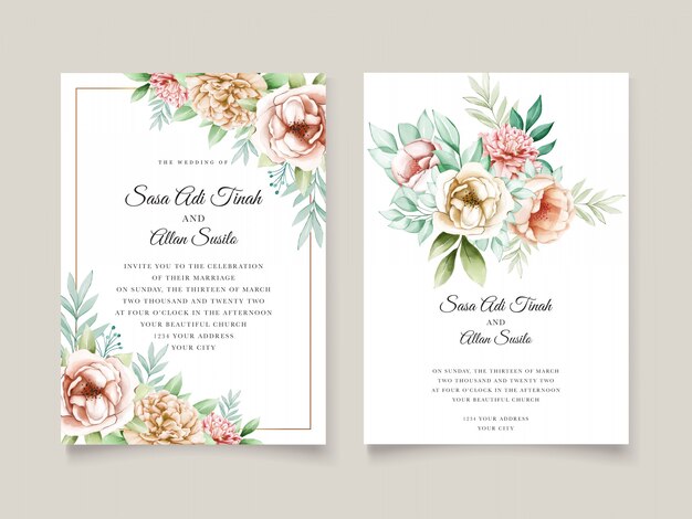 Beautiful peony blooming flower watercolor wedding cards template