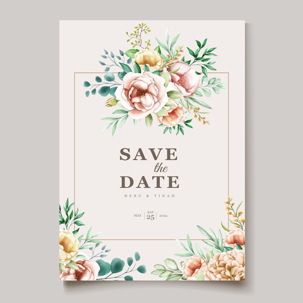 Free vector beautiful peony blooming flower watercolor wedding cards template