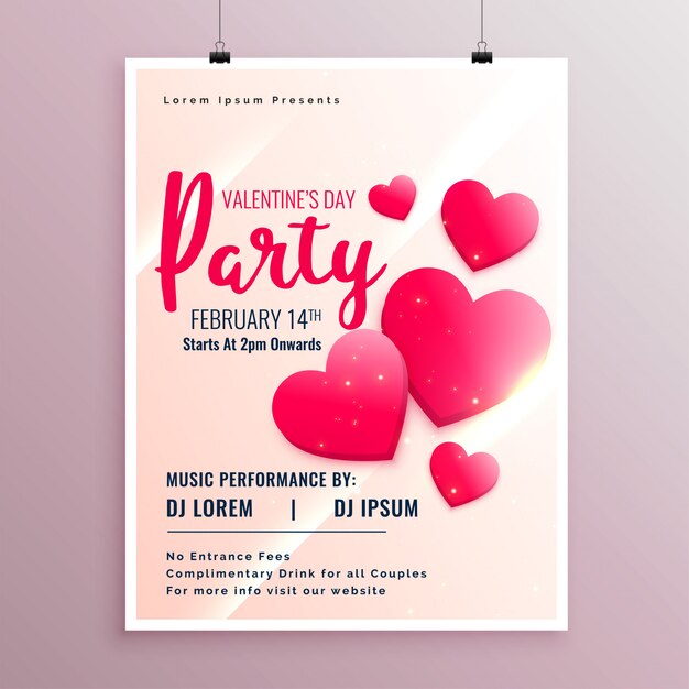 Free vector beautiful pink hearts valentines day party flyer