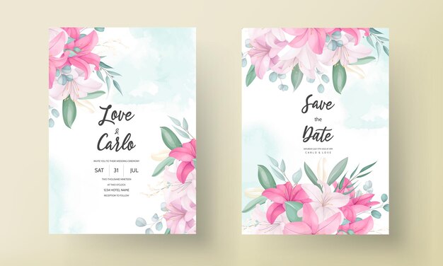 beautiful pink lily flower wedding invitation card