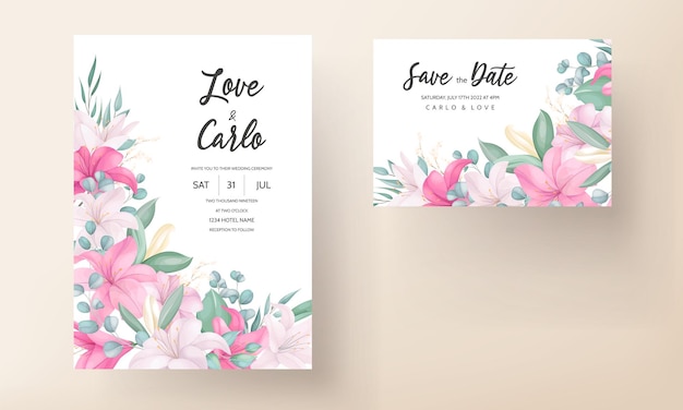 Beautiful pink lily flower wedding invitation card