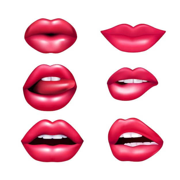 Бесплатное векторное изображение Красивые плюшевые женские губы, выражающие различные эмоции, имитируют набор, изолированные на белом фоне.