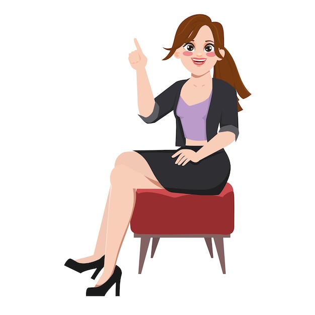 Free vector beautiful portrait woman talking at seat and pointing hands pose character