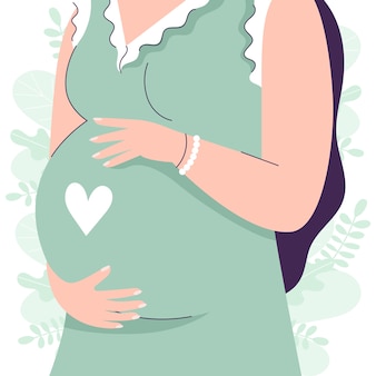 전체 성장에 아름 다운 임신 한 여자는 그녀의 배꼽에 손을 보유