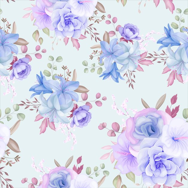 美しい紫と青の花柄とシームレスなパターンデザインを残します