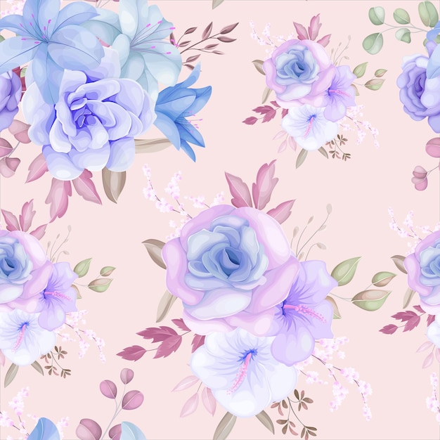 아름다운 보라색과 파란색 꽃과 잎 원활한 패턴 디자인