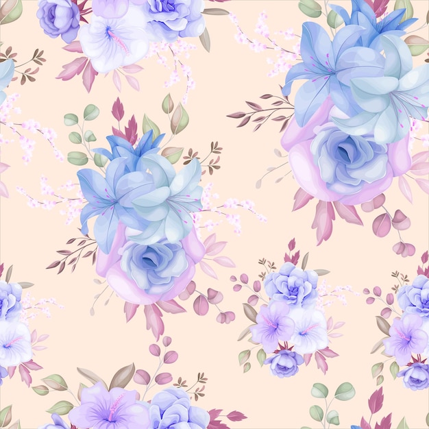 아름다운 보라색과 파란색 꽃과 잎 원활한 패턴 디자인