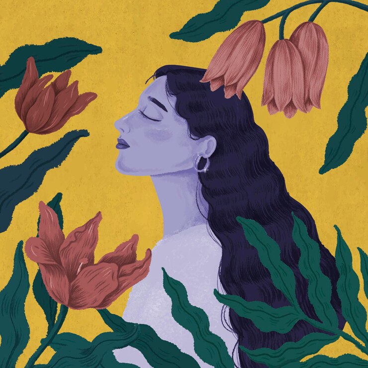 Free Vector beautiful purple woman surrounded by nature illustration