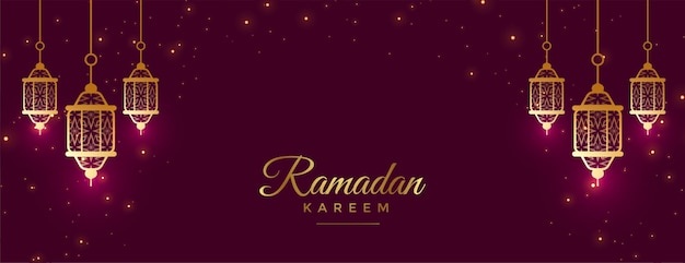 Vettore gratuito bellissimo banner di celebrazione del ramadan kareem con decorazioni di lampade