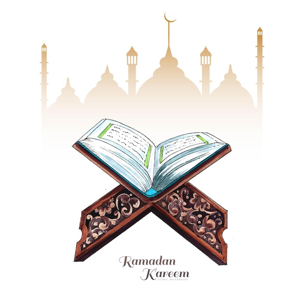 Vettore gratuito bellissimo libro sacro del corano del ramadan kareem per lo sfondo delle vacanze musulmane