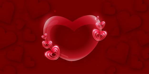 Bella red love valentines day banner background effetto vetro cuore 3d multiuso