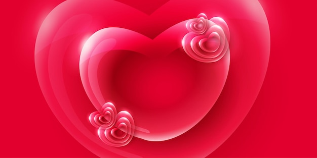 Vettore gratuito bella red love valentines day banner background effetto vetro cuore 3d multiuso