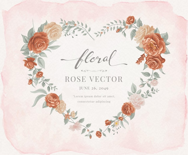 愛​の​結婚式​の​バレンタインデー​や​アレンジメント​の​招待状​の​デザイン​の​グリーティングカード​の​ため​の​美しい​バラ​の​花​と​植物​の​葉​の​ハート形​の​水彩​デジタル​塗装​イラスト​。