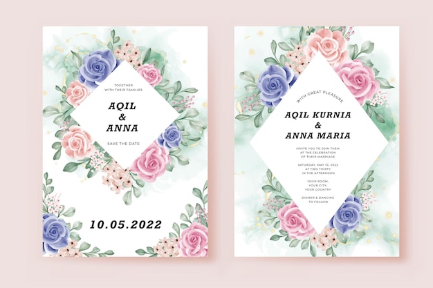 Free vector beautiful rose flower wedding card template with floral watercolor