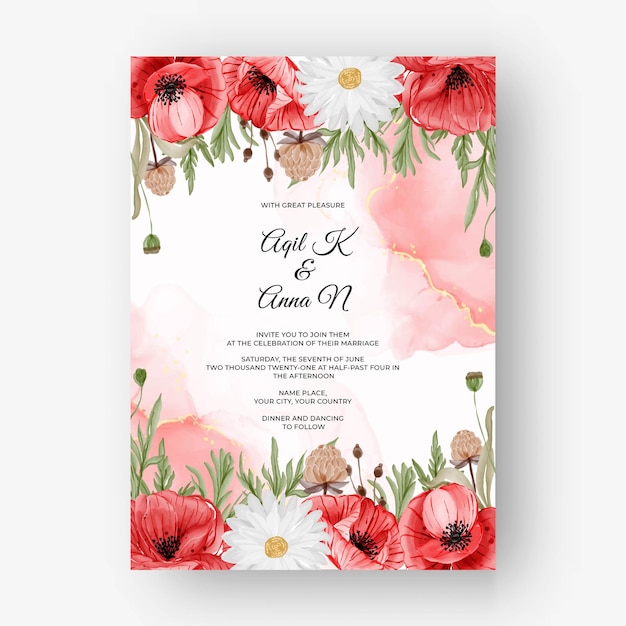 Beautiful rose frame background for wedding invitation with red poppy flower