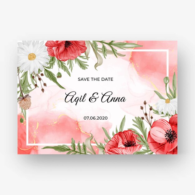 Beautiful rose frame background for wedding invitation with red poppy flower