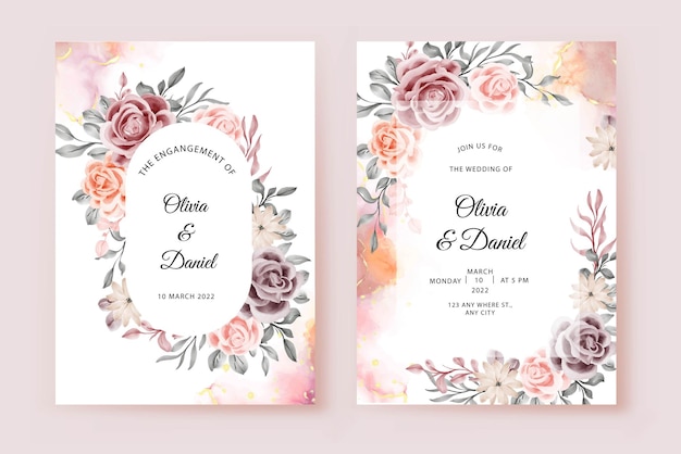 Free vector beautiful rose and leaves wedding invitation card