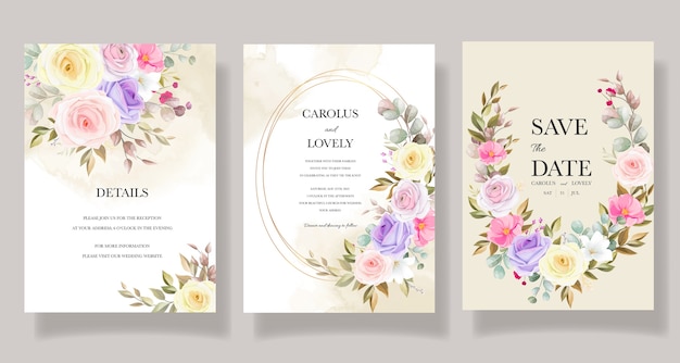 Free vector beautiful roses flower invitation card template designs