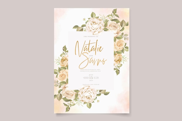 Beautiful roses flower and leaves wedding invitation card set