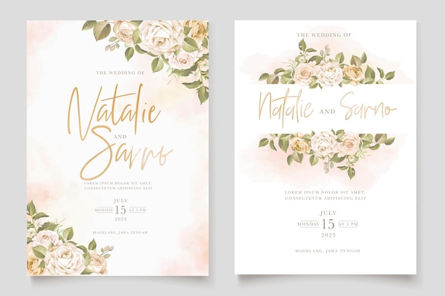美しいバラの花と葉の結婚式の招待カードセット