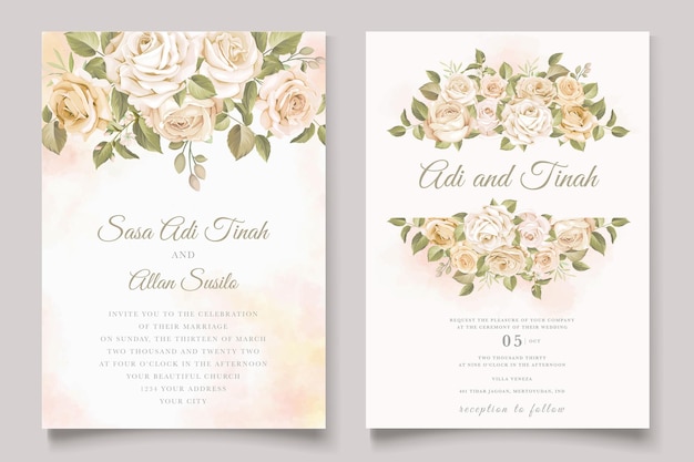 Beautiful roses flower and leaves wedding invitation card set
