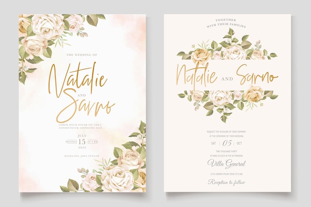 Beautiful roses flower and leaves wedding invitation card set