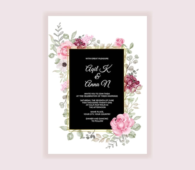 Beautiful roses watercolor invitation card template