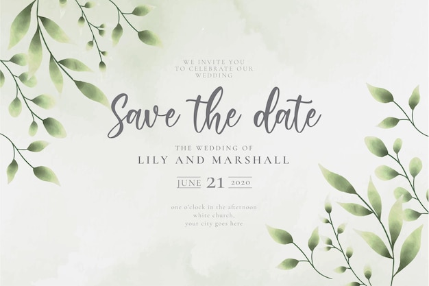 Beautiful save the date wedding background with watercolor leaves